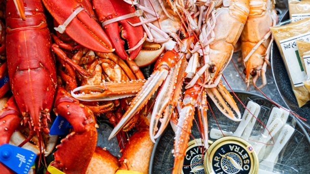 Skalldyr som hummer, sjøkreps og krabbe på is hos Gla’laksen