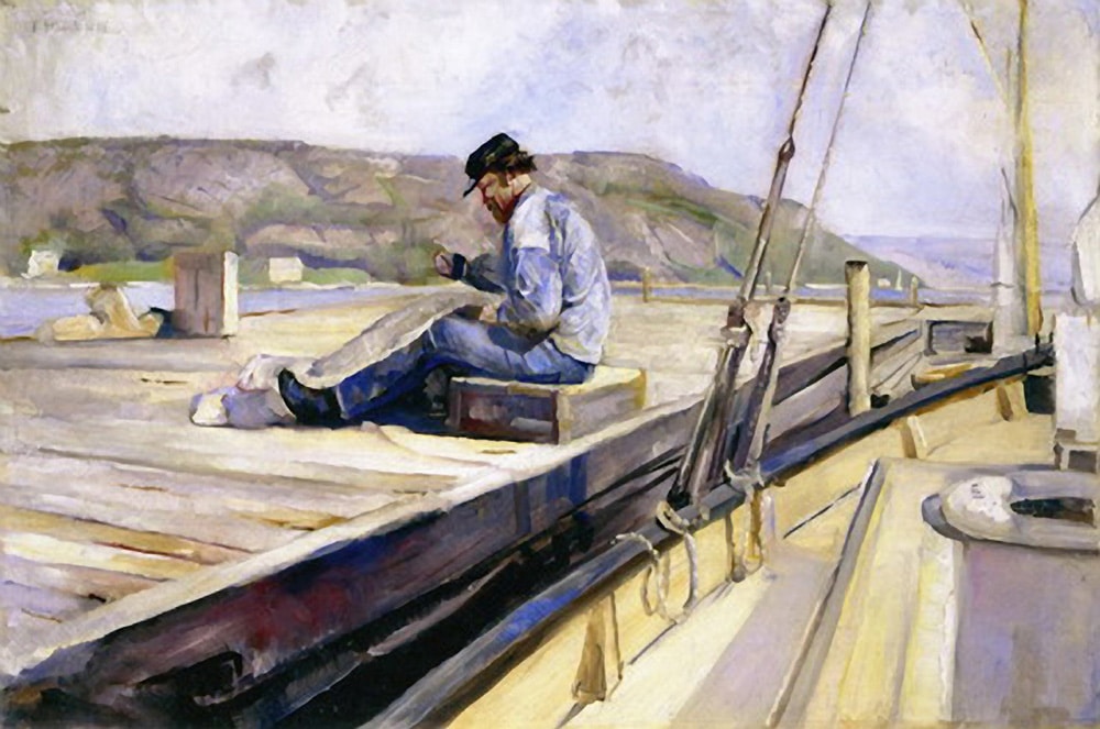 Maleriet "Notbinderen" (1888) av Edvard Munch viser en mann som arbeider på en brygge.
