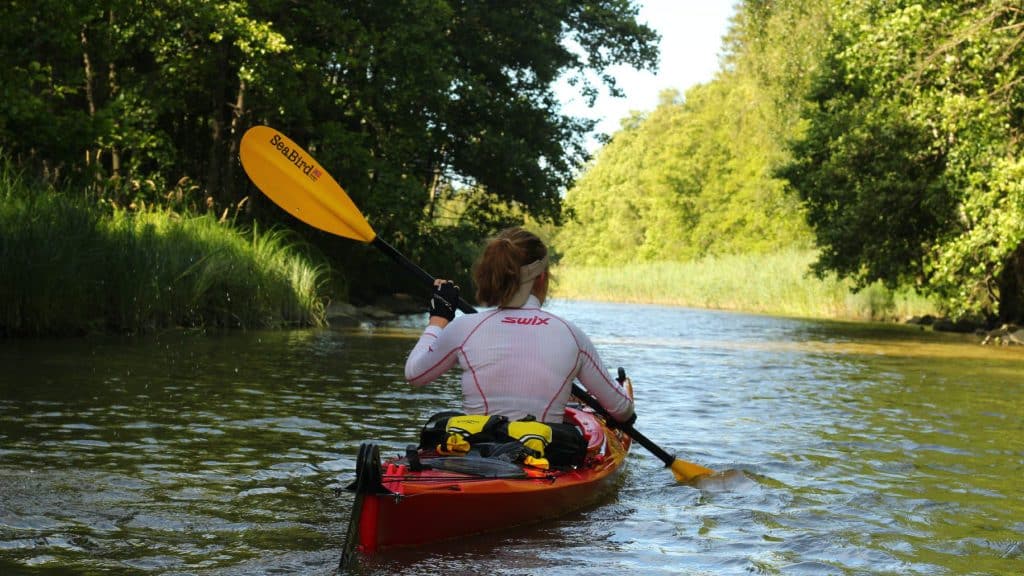En kajakkpadler manøvrerer gjennom et smalt parti i Seutelva omgitt av tett vegetasjon.