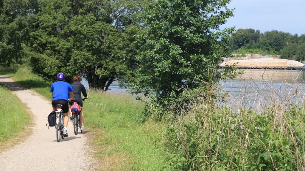 To personer sykler på grusvei ved Glomma, omgitt av sommergrønn natur.