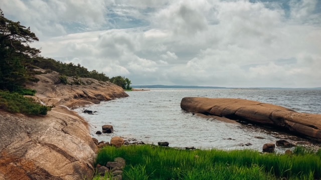 Kystlandskap ved Torsnes med svaberg, grønn vegetasjon og utsikt over fjorden.