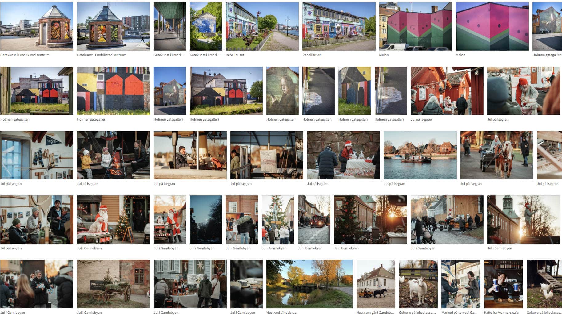 Skjermbilde fra bildebank med motiver fra gatekunst, julemarked og byliv i Fredrikstad.