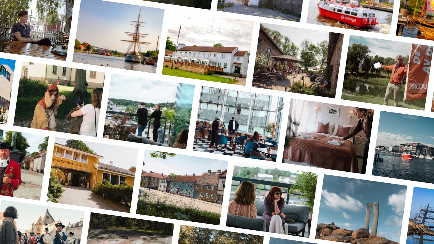 Collage av opplevelser, mennesker, overnatting og steder fra partnerbedrifter i Fredrikstad og Hvaler.