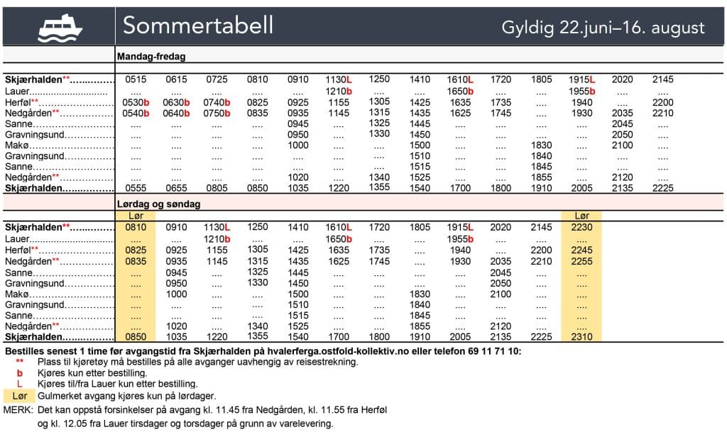 Rutetabell sommer 2026