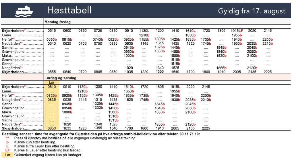 Rutetabell Hvaler høst 2026