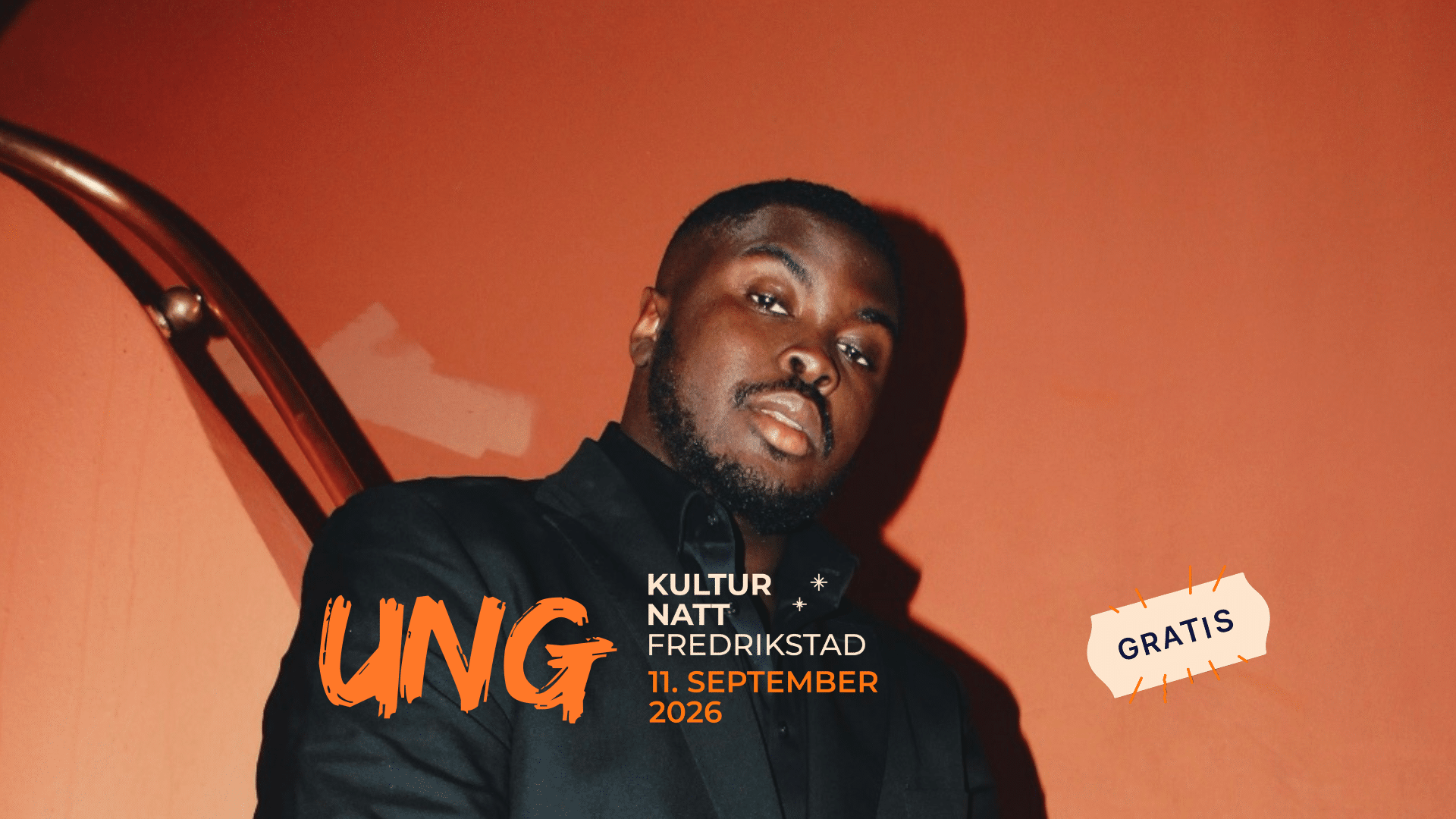Hkeem foran en oransje bakgrunn med grafikk for Ung Kulturnatt Fredrikstad 11. september 2026.